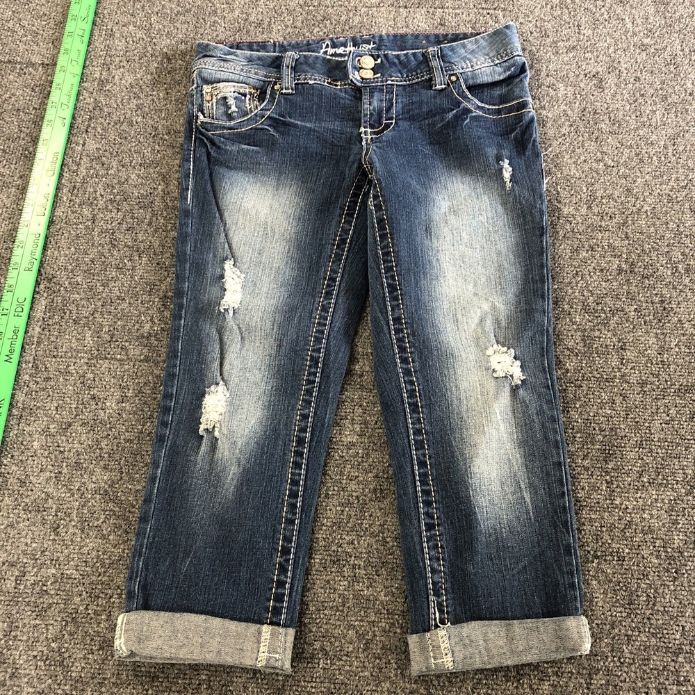 Amethyst Jeans Distressed Dark Blue Rolled Cuff Capris
